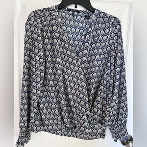 Scotch & Soda Navy Blue and White Wrap Blouse with Notched Collar